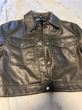 Zara Black Faux Leather Cropped Trucker Jacket